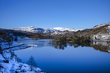 Winter snow at Rydal Water in the Lake District National Park.