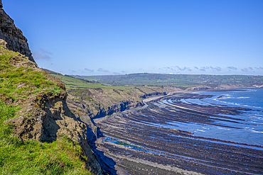 Ravenscar's rocky cliffs and beach on the Yorkshire coast.