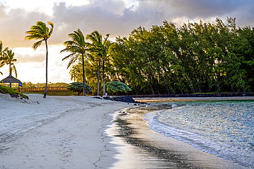 Sunset, through palm trees, over an empty beach in Trou d'Eau Douce, on the exotic island of Mauritius in the Indian Ocean