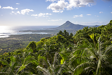 View of Tamariln Mountain and the dramatic coastline from Chamarel on the exotic island of Mauritius in the Indian Ocean