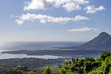 View of Tamariln Mountain and the dramatic coastline from Chamarel on the exotic island of Mauritius in the Indian Ocean