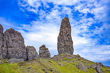 The Old Man of Storr rock formation on the rugged hills of the Trotternish escarpment on the northernmost peninsula of the Isle of Skye, Inner Hebrides, Scotland.
