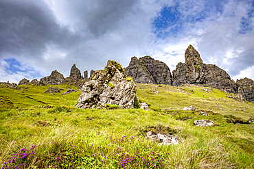 The Old Man of Storr rock formation on the rugged hills of the Trotternish escarpment on the northernmost peninsula of the Isle of Skye, Inner Hebrides, Scotland.