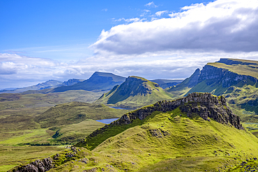The rugged hills of the Trotternish escarpment on the northernmost peninsula of the Isle of Skye, Inner Hebrides, Scotland.