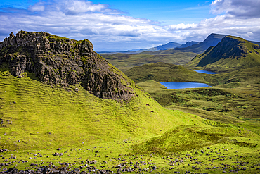 The rugged hills of the Trotternish escarpment on the northernmost peninsula of the Isle of Skye, Inner Hebrides, Scotland.