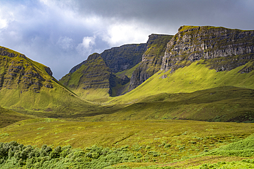 The rugged hills of the Trotternish escarpment on the northernmost peninsula of the Isle of Skye, Inner Hebrides, Scotland.