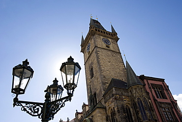 Town Hall clock tower and lamp, Old Town Square, Old Town, Prague, Czech Republic, Europe