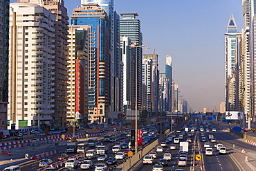 Sheikh Zayed Road, traffic and new high rise buildings along Dubai's main road, Dubai, United Arab Emirates, Middle East