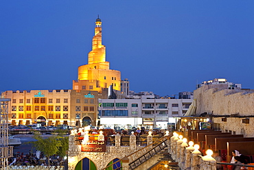 The restored Souq Waqif with mud rendered shops and exposed timber beams, Doha, Qatar, Middle East