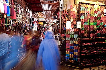 Soft leather Moroccan slippers in the Souk, Medina, Marrakesh, Morocco, North Africa, Africa