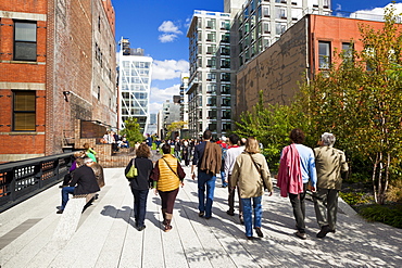 People walking on the High Line, a one-mile New York City park, New York, United States of America, North America