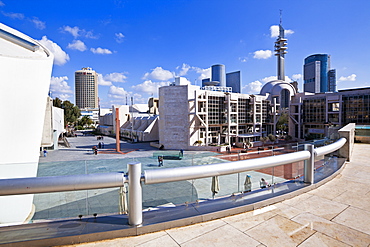 View towards the Central Library and buildings of Azrieli Center, Tel Aviv, Israel, Middle East