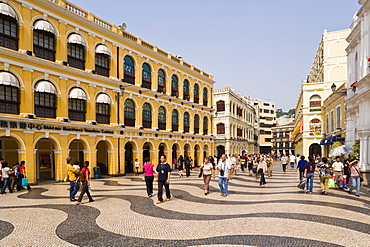 The famous swirling black and white pavements of Largo do Senado Square in central Macau, Macau, China, Asia