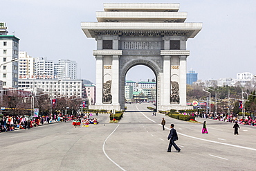 Street celebrations in front of the Arc of Triumph on the 100th anniversary of the birth of President Kim Il Sung, April 15th 2012, Pyongyang, Democratic People's Republic of Korea (DPRK), North Korea, Asia