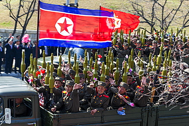 Military parade during street celebrations on the 100th anniversary of the birth of President Kim Il Sung, April 15th 2012, Pyongyang, Democratic People's Republic of Korea (DPRK), North Korea, Asia