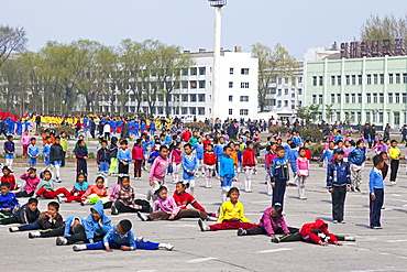 Children practising mass games outside the Grand Theatre, Hamhung, Democratic People's Republic of Korea (DPRK), North Korea, Asia