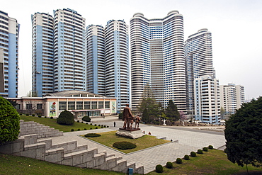 Modern city centre apartment buildings, Pyongyang, Democratic People's Republic of Korea (DPRK), North Korea, Asia