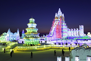 Spectacular illuminated ice sculptures at the Harbin Ice and Snow Festival in Harbin, Heilongjiang Province, China, Asia