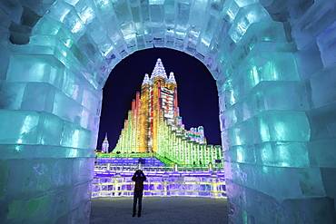 Spectacular illuminated ice sculptures at the Harbin Ice and Snow Festival in Harbin, Heilongjiang Province, China, Asia