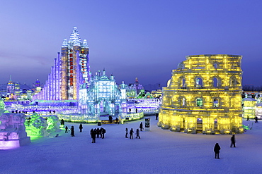 Spectacular illuminated ice sculptures at the Harbin Ice and Snow Festival in Harbin, Heilongjiang Province, China, Asia