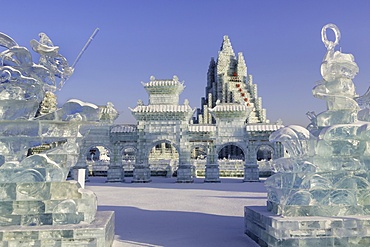 Spectacular ice sculptures at the Harbin Ice and Snow Festival in Harbin, Heilongjiang Province, China, Asia