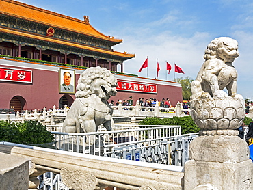 Tiananmen Sqaure in front of portrait of Mao Zedong on Gate of Heavenly Peace (Tiananmen Gate), Beijing, China, Asia