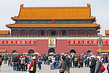 Tiananmen Sqaure in front of portrait of Mao Zedong on Gate of Heavenly Peace (Tiananmen Gate), Beijing, China, Asia