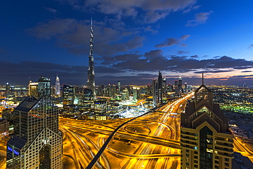 The Burj Khalifa Dubai, elevated view across Sheikh Zayed Road and Financial Centre Road Interchange, Downtown Dubai, Dubai, United Arab Emirates, Middle East