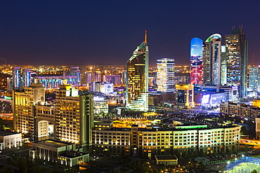 The city center and central business district at night, Astana, Kazakhstan, Central Asia