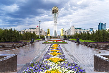 Nurzhol Bulvar, Central Boulevard and Bayterek Tower illuminated at night, Astana, Kazakhstan, Central Asia