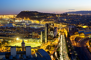 Elevated dusk view over Barcelona city centre, Catalunya (Catalonia) (Cataluna), Spain, Europe