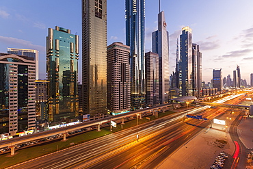 Sheikh Zayed Road, traffic and new high rise buildings along Dubai's main road, Dubai, United Arab Emirates, Middle East