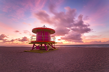 Art Deco style Lifeguard hut on South Beach, Ocean Drive, Miami Beach, Miami, Florida, United States of America, North America