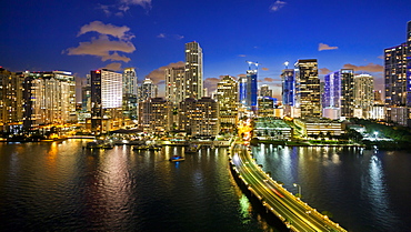 View from Brickell Key, a small island covered in apartment towers, towards the Miami skyline, Miami, Florida, United States of America, North America