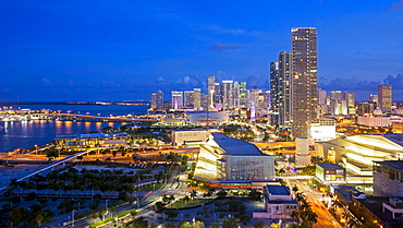 Elevated view over Biscayne Boulevard and the skyline of Miami, Florida, United States of America, North America