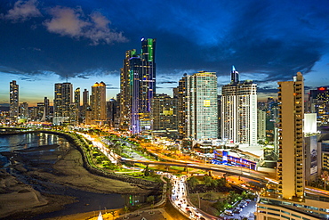 City skyline illuminated at dusk, Panama City, Panama, Central America