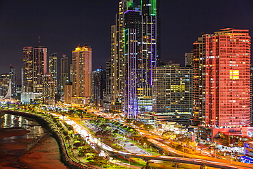 City skyline at night, Panama City, Panama, Central America