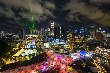 City skyline and riverside restaurants at the entertainment district of Clarke Quay, Singapore, Southeast Asia, Asia