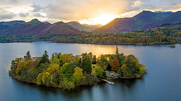 Derwent Water, Lake District National Park, UNESCO World Heritage Site, Cumbria, England, United Kingdom, Europe (Drone)