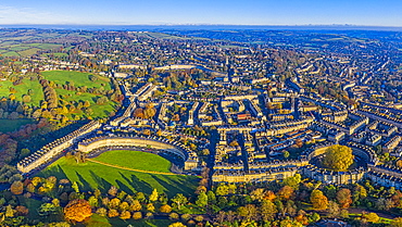 Aerial view by drone over the Georgian city of Bath, Royal Victoria Park and Royal Cresent, Bath, Somerset, England, United Kingdom, Europe