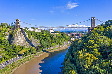 Aerial view over the Avon Gorge and Clifton Suspension Bridge, Bristol, England, United Kingdom, Europe