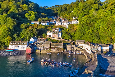 Aerial elevated view over Clovelly on the North Devon coast, Devon, England, United Kingdom, Europe