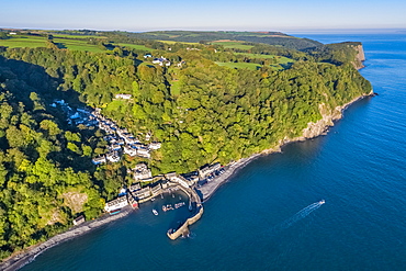 Aerial elevated view over Clovelly on the North Devon coast, Devon, England, United Kingdom, Europe