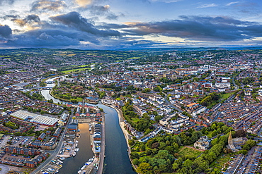 Aerial view over Exeter city centre and the River Exe, Exeter, Devon, England, United Kingdom, Europe