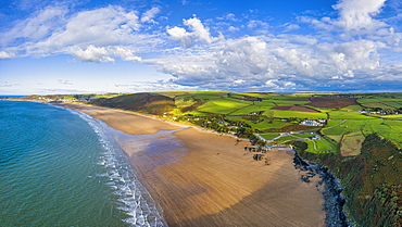 Aerial view over Putsborough beach towards Woolacombe, Morte Bay, North Devon, England, United Kingdom, Europe