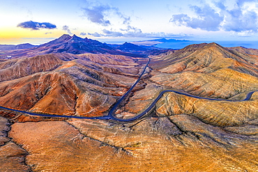 Mountain road crossing the volcanic landscape near Sicasumbre astronomical viewpoint, Fuerteventura, Canary Islands, Spain, Atlantic, Europe