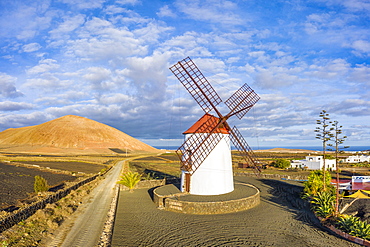 Traditional windmill and volcanic landscape, Tiagua, Lanzarote, Canary Islands, Spain, Atlantic, Europe