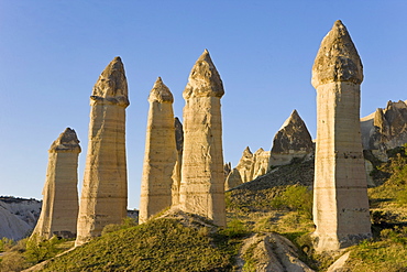 Phallic pillars known as fairy chimneys in the valley known as Love Valley near Goreme in Cappadocia, Anatolia, Turkey, Asia Minor, Eurasia