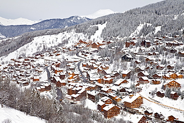 Chalets and hotels in Meribel ski resort in the Three Valleys (Les Trois Vallees), Savoie, French Alps, France, Europe