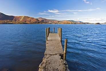 View along wooden jetty at Barrow Bay landing, Derwent Water, Lake District National Park, Cumbria, England, United Kingdom, Europe